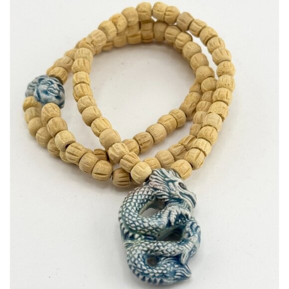 Vintage wood bead porcelain dragon serpent multi strand bracelet set - Picture 1 of 4